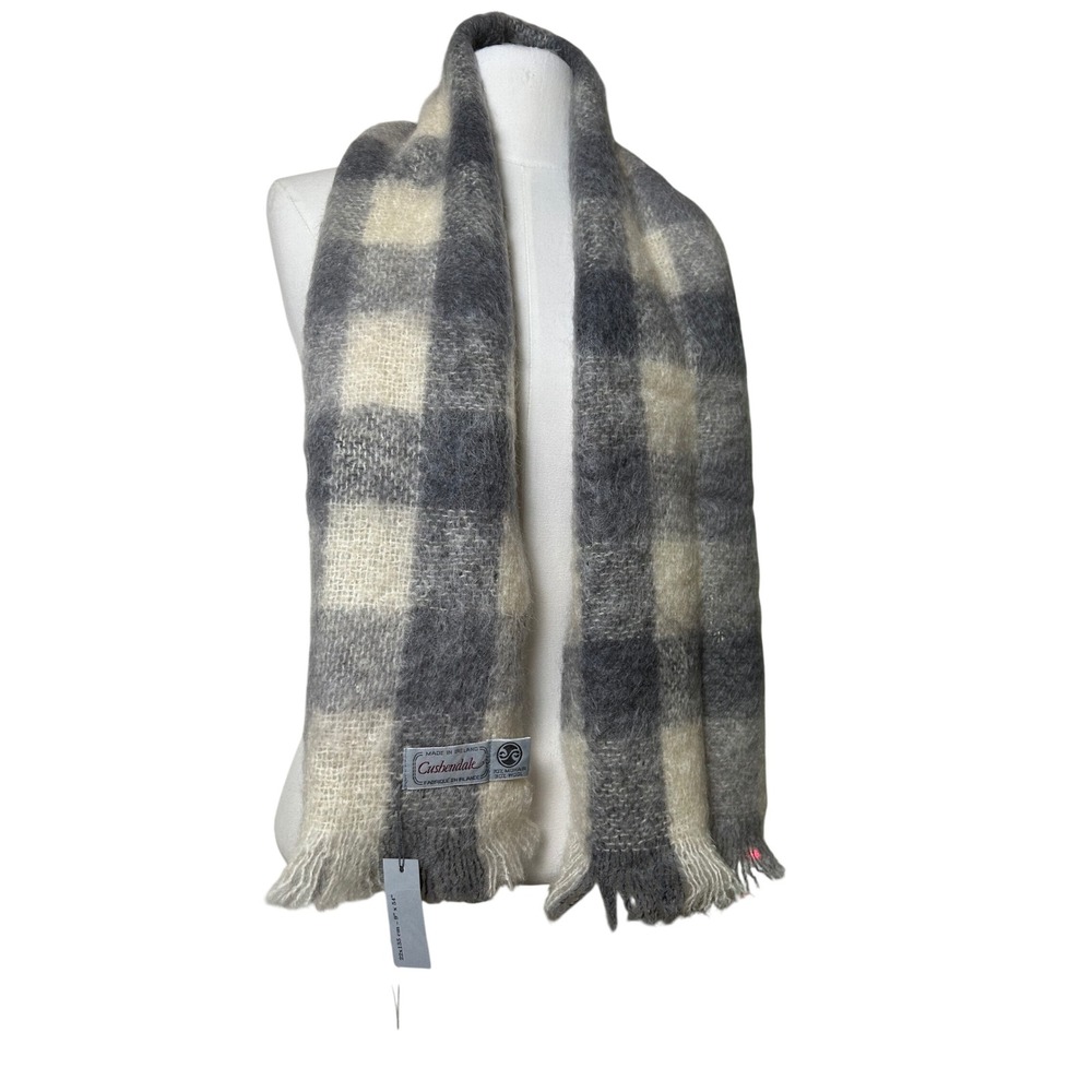 Cushendale Ireland Mohair Wool Blend Scarf Grey Cream Buffalo Check Plaid NWT